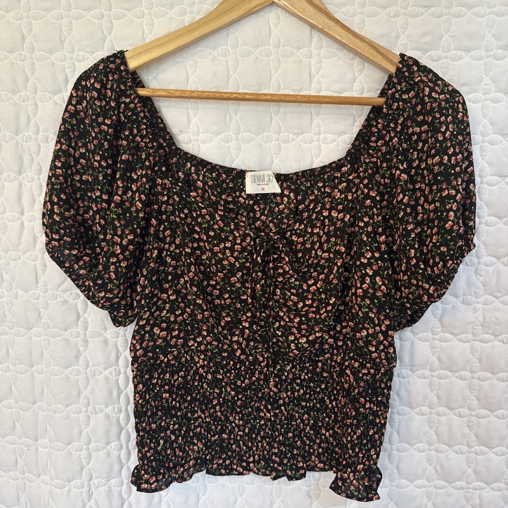 Sienna Sky Floral Pink Ruffle Blouse Crop Top Delicate Flowers Ruched Cropped